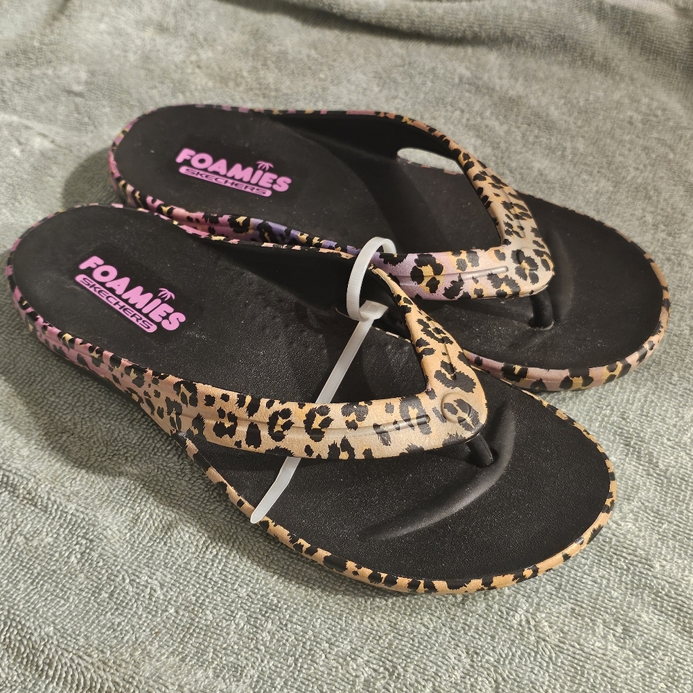 Skechers Black Foamies Bay Breeze Wild Kitten Cheetah Flip Flips, Size 5 New!!!